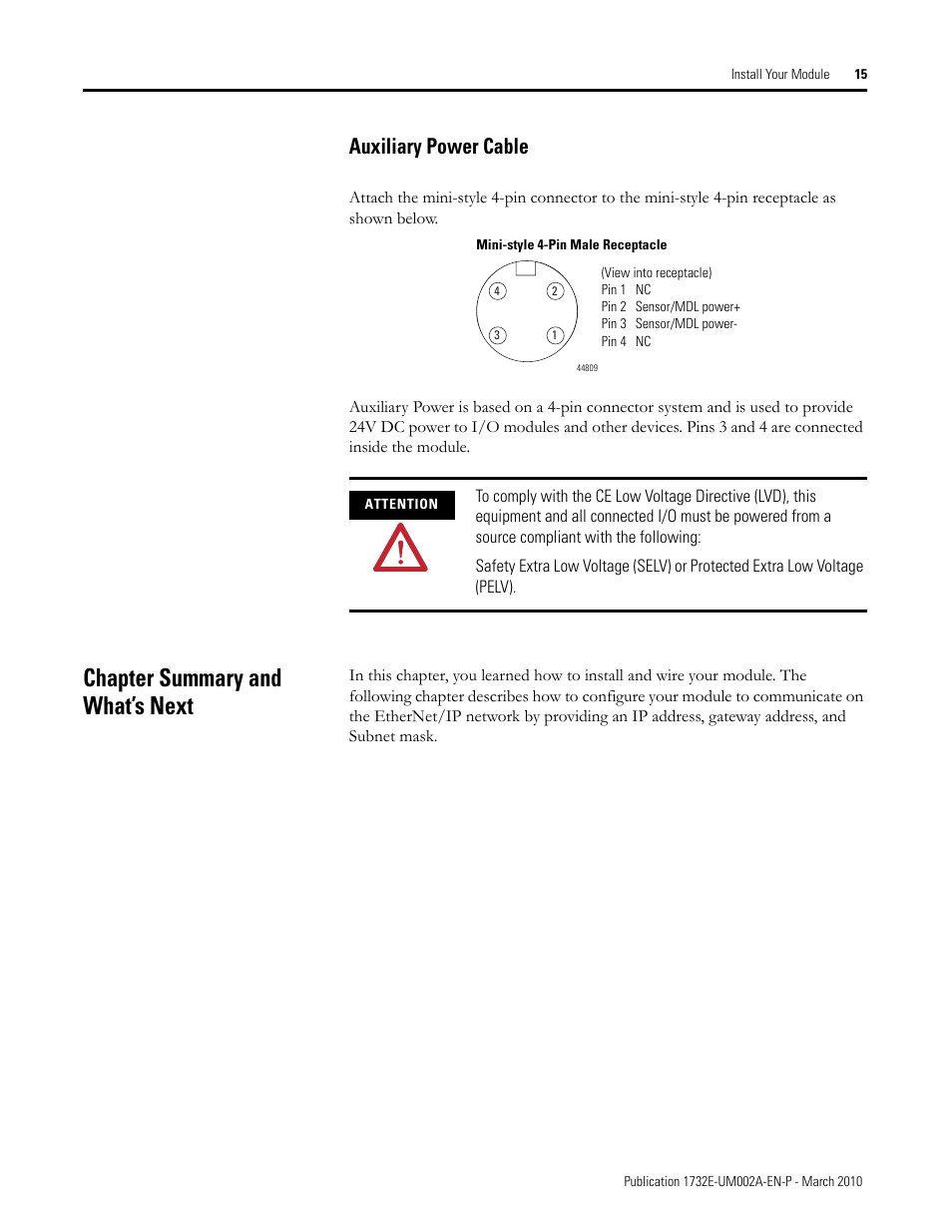 Auxiliary power cable, Chapter summary and what’s next | Rockwell Automation 1732E-IB16M12SOEDR EtherNet/IP ArmorBlock supporting Sequence of Events User Manual | Page 23 / 132
