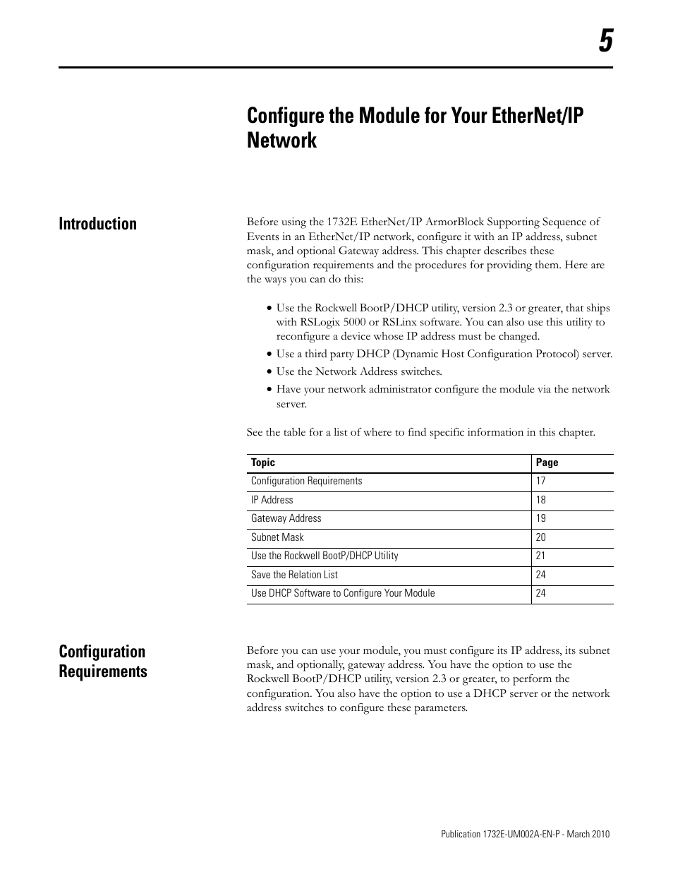 Introduction, Configuration requirements, Chapter 5 | Configure the module for your ethernet/ip network, Introduction configuration requirements | Rockwell Automation 1732E-IB16M12SOEDR EtherNet/IP ArmorBlock supporting Sequence of Events User Manual | Page 25 / 132