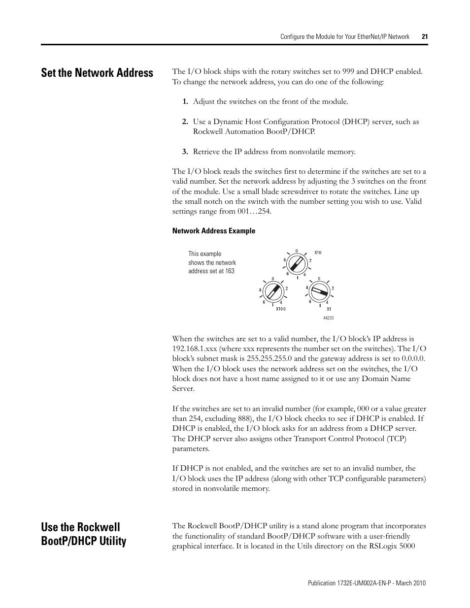 Set the network address, Use the rockwell bootp/dhcp utility | Rockwell Automation 1732E-IB16M12SOEDR EtherNet/IP ArmorBlock supporting Sequence of Events User Manual | Page 29 / 132