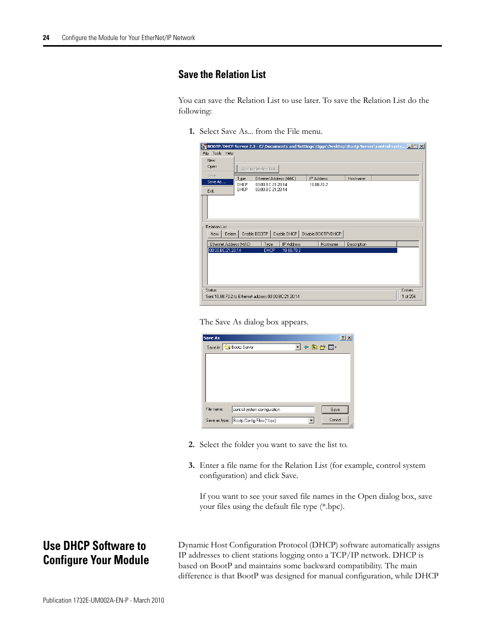 Save the relation list, Use dhcp software to configure your module | Rockwell Automation 1732E-IB16M12SOEDR EtherNet/IP ArmorBlock supporting Sequence of Events User Manual | Page 32 / 132