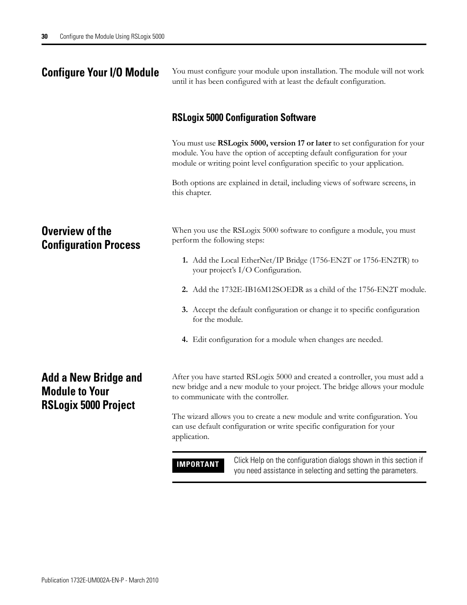 Configure your i/o module, Rslogix 5000 configuration software, Overview of the configuration process | Rockwell Automation 1732E-IB16M12SOEDR EtherNet/IP ArmorBlock supporting Sequence of Events User Manual | Page 38 / 132