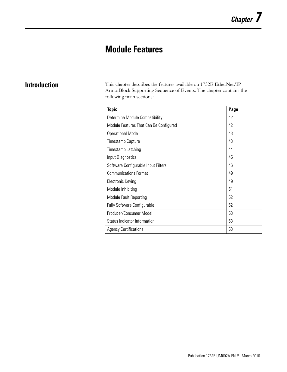 Chapter 7 - module features, Introduction, Chapter 7 | Module features, Chapter | Rockwell Automation 1732E-IB16M12SOEDR EtherNet/IP ArmorBlock supporting Sequence of Events User Manual | Page 49 / 132