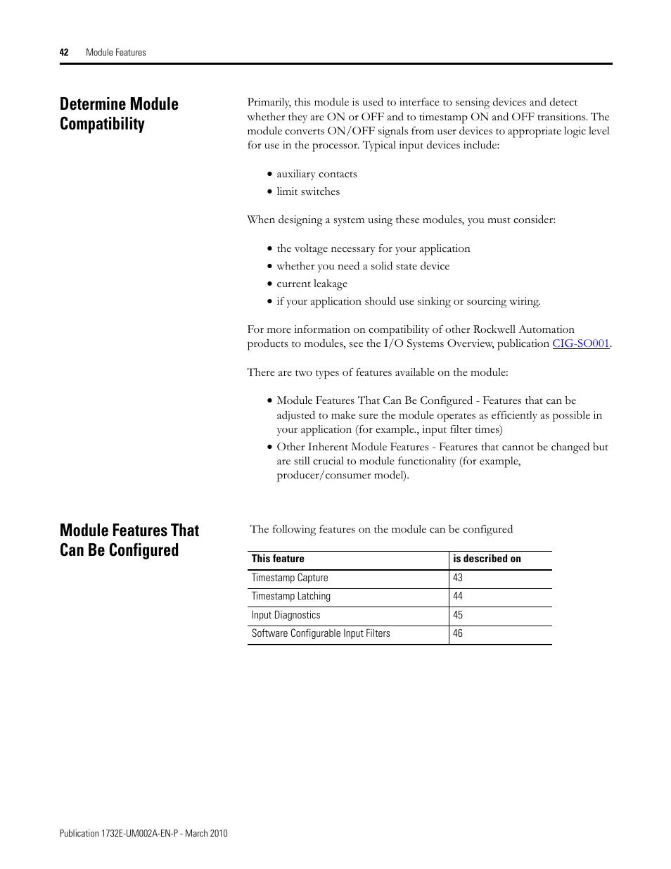 Determine module compatibility, Module features that can be configured | Rockwell Automation 1732E-IB16M12SOEDR EtherNet/IP ArmorBlock supporting Sequence of Events User Manual | Page 50 / 132