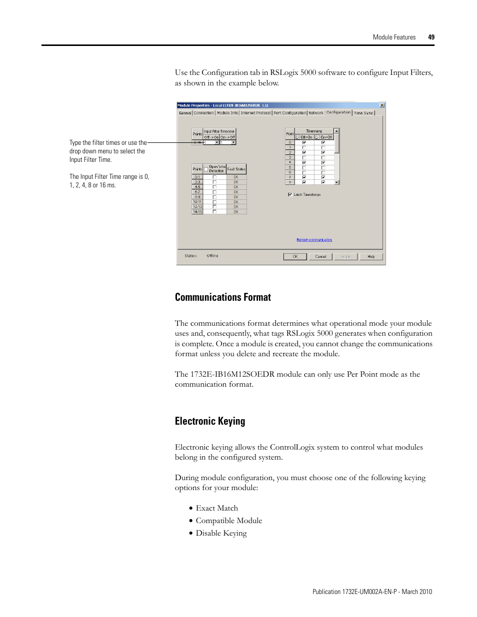 Communications format, Electronic keying, Communications format electronic keying | Rockwell Automation 1732E-IB16M12SOEDR EtherNet/IP ArmorBlock supporting Sequence of Events User Manual | Page 57 / 132