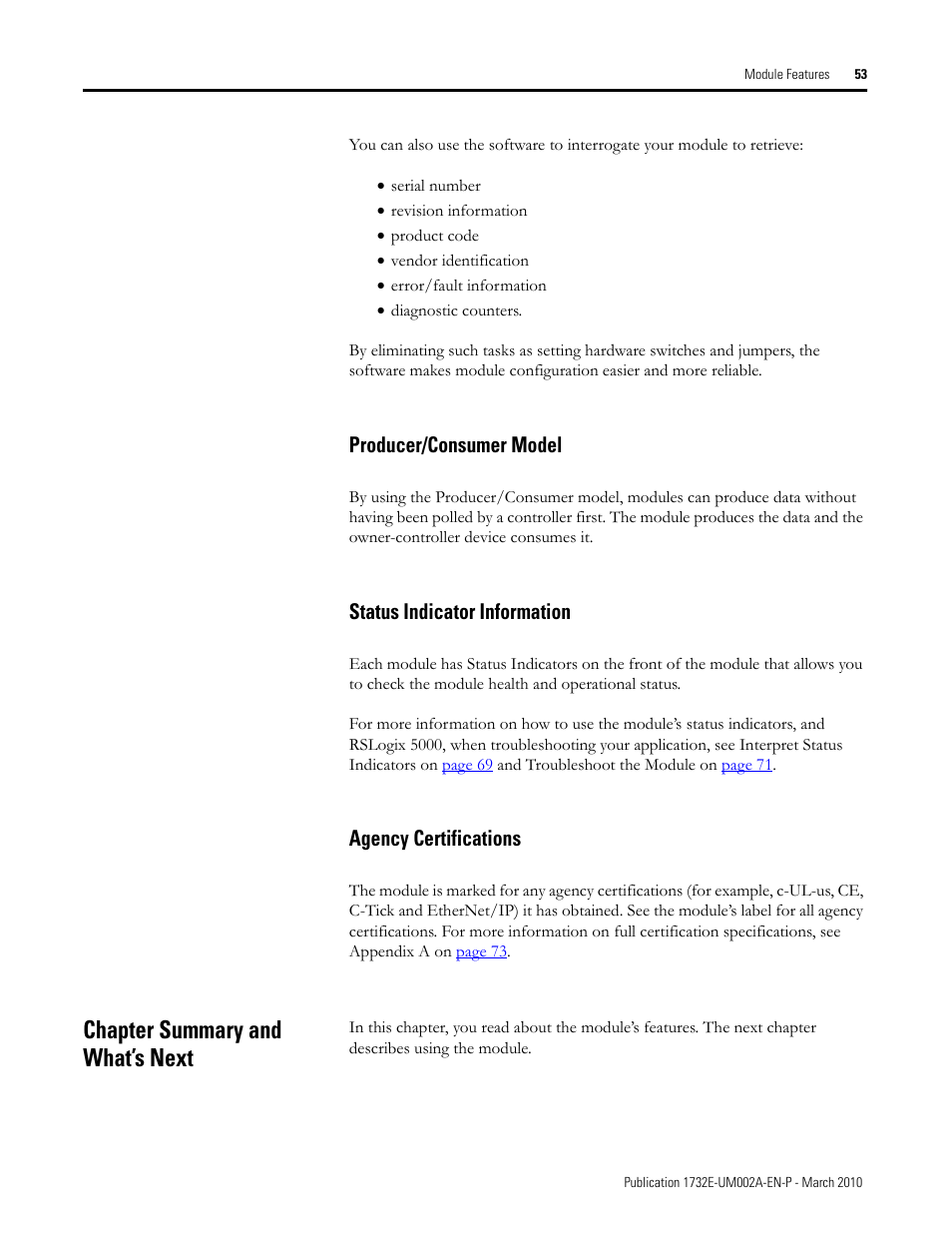 Producer/consumer model, Status indicator information, Agency certifications | Chapter summary and what’s next | Rockwell Automation 1732E-IB16M12SOEDR EtherNet/IP ArmorBlock supporting Sequence of Events User Manual | Page 61 / 132