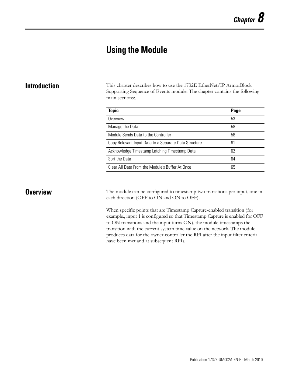 Chapter 8 - using the module, Introduction, Overview | Chapter 8, Using the module, Introduction overview, Chapter | Rockwell Automation 1732E-IB16M12SOEDR EtherNet/IP ArmorBlock supporting Sequence of Events User Manual | Page 63 / 132