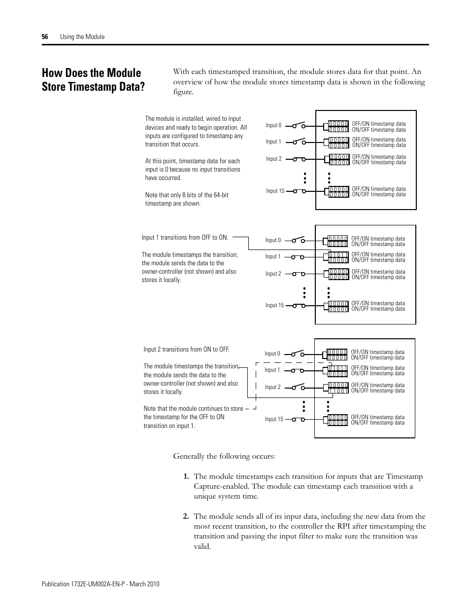 How does the module store timestamp data | Rockwell Automation 1732E-IB16M12SOEDR EtherNet/IP ArmorBlock supporting Sequence of Events User Manual | Page 64 / 132