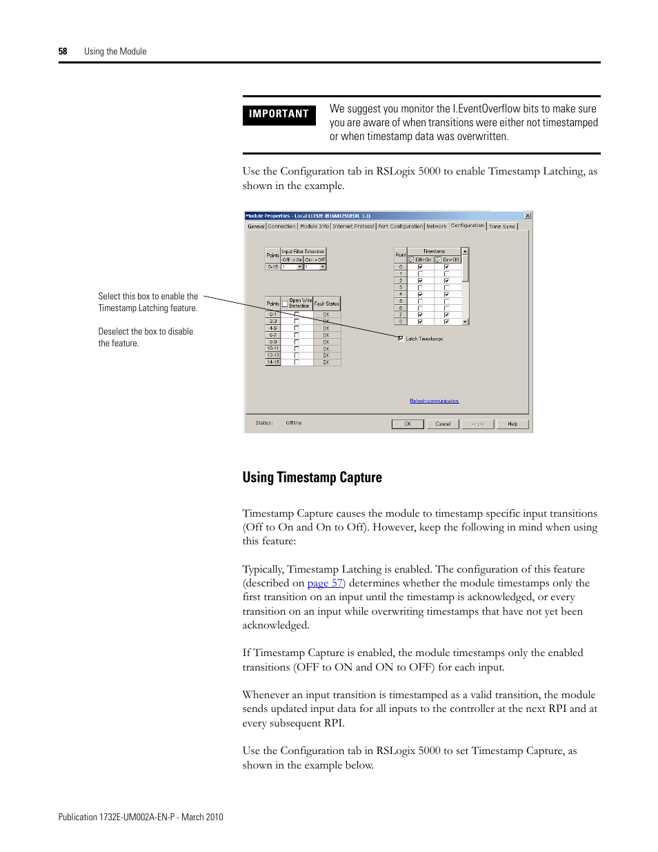 Using timestamp capture | Rockwell Automation 1732E-IB16M12SOEDR EtherNet/IP ArmorBlock supporting Sequence of Events User Manual | Page 66 / 132