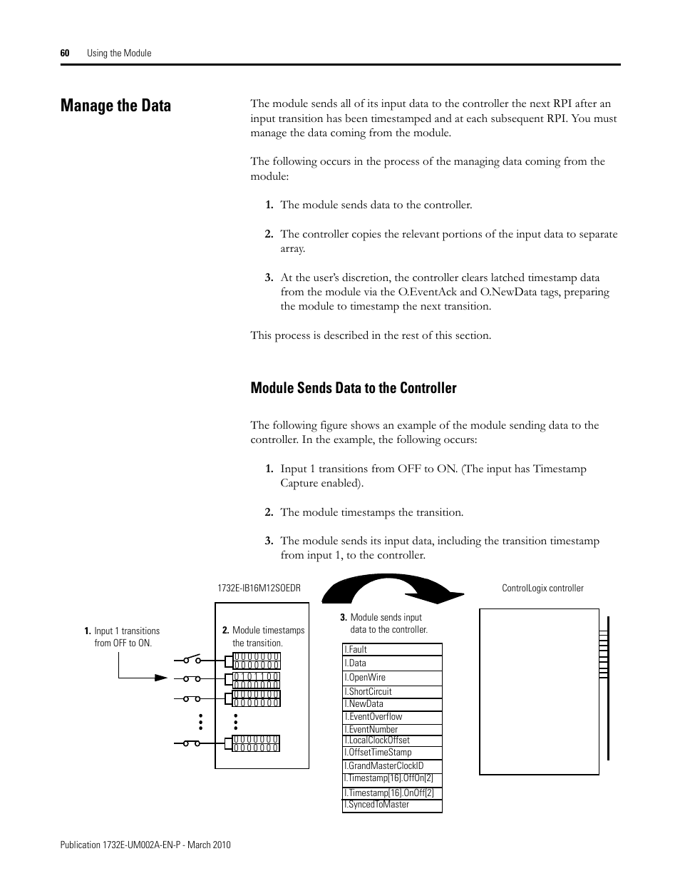 Manage the data, Module sends data to the controller | Rockwell Automation 1732E-IB16M12SOEDR EtherNet/IP ArmorBlock supporting Sequence of Events User Manual | Page 68 / 132