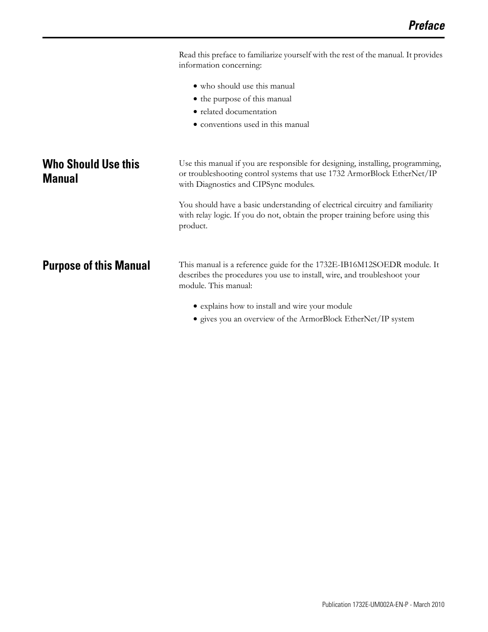 Preface, Who should use this manual, Purpose of this manual | Rockwell Automation 1732E-IB16M12SOEDR EtherNet/IP ArmorBlock supporting Sequence of Events User Manual | Page 7 / 132