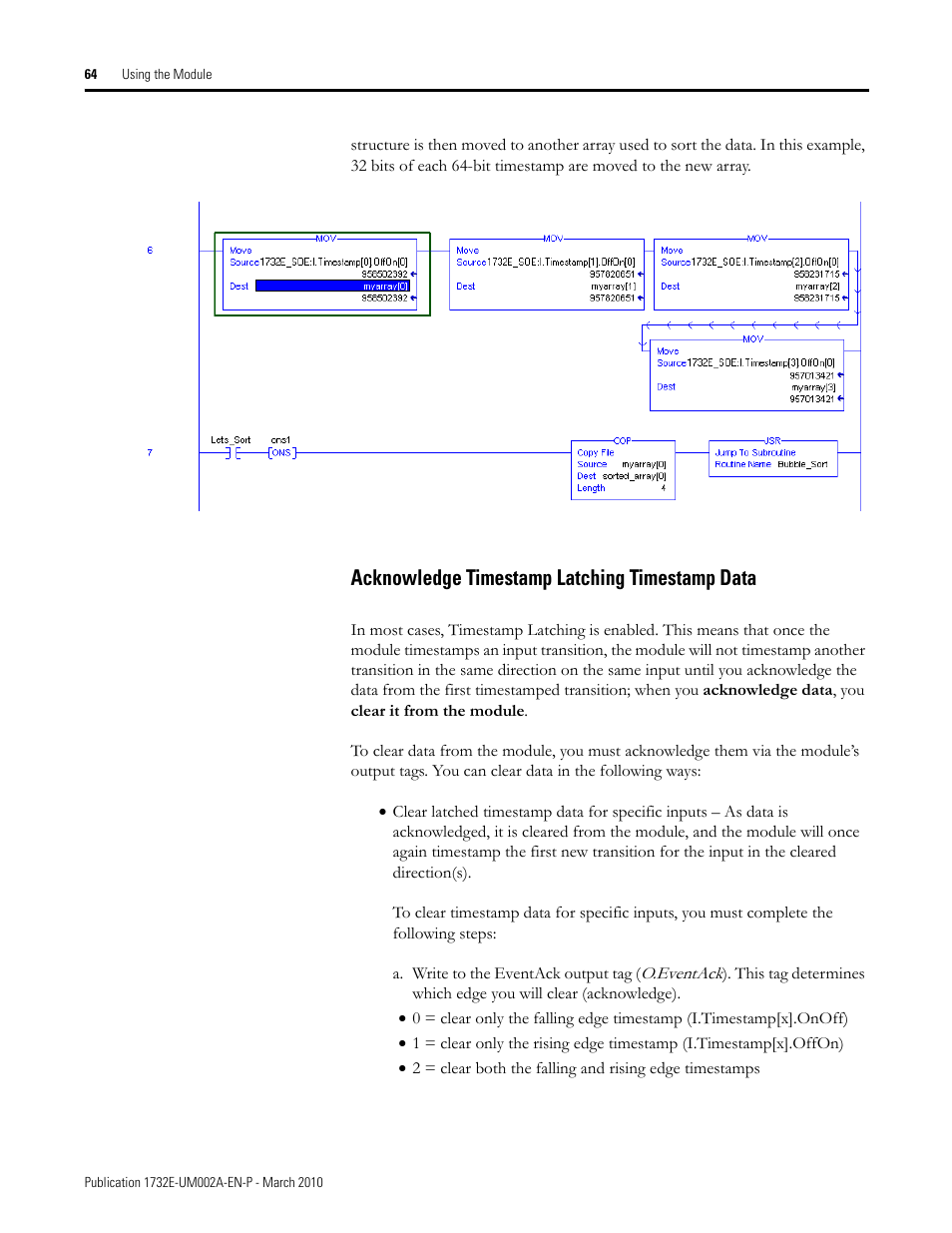 Acknowledge timestamp latching timestamp data, Mestamp data, see | Rockwell Automation 1732E-IB16M12SOEDR EtherNet/IP ArmorBlock supporting Sequence of Events User Manual | Page 72 / 132