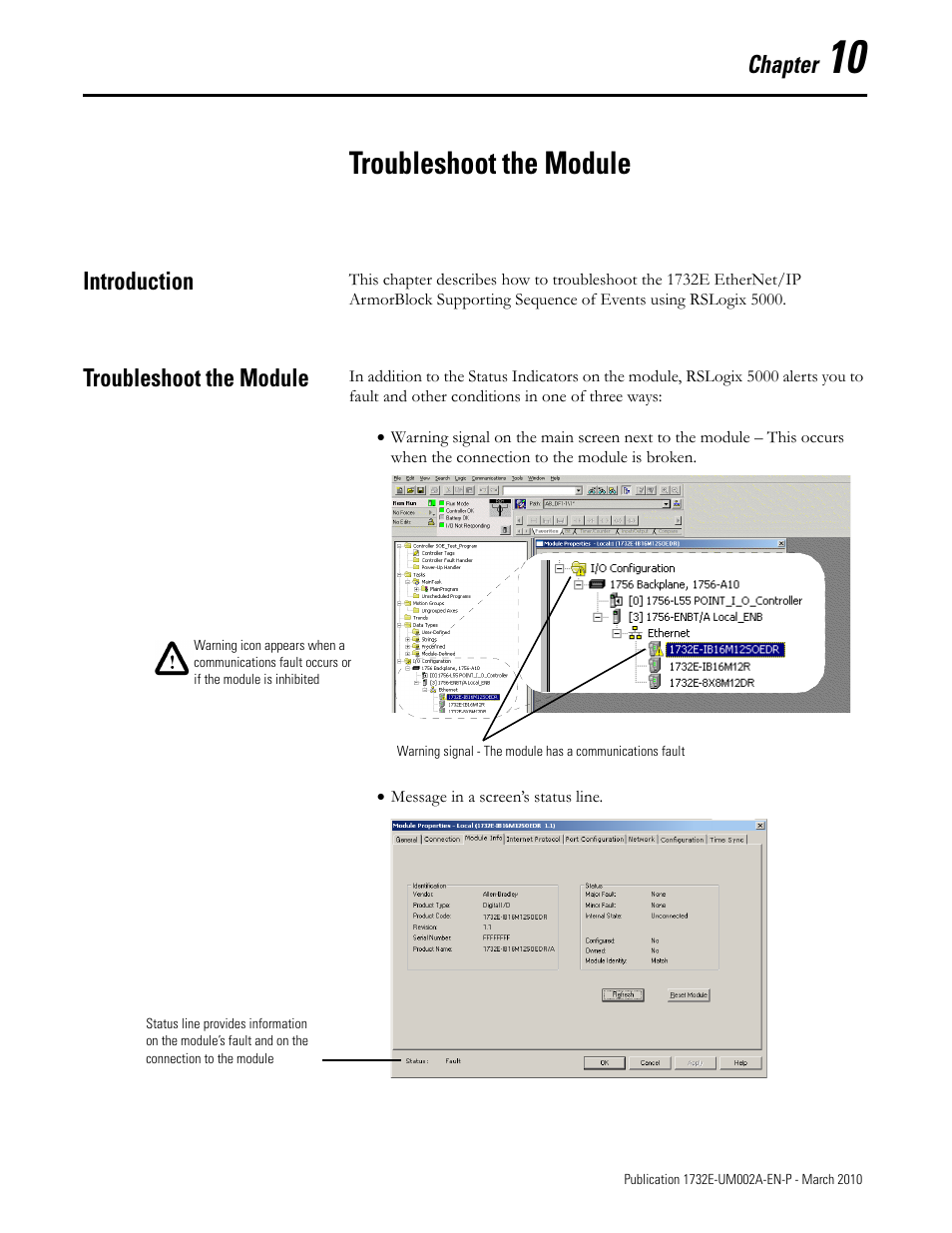 Chapter 10 - troubleshoot the module, Introduction, Troubleshoot the module | Chapter 10, Introduction troubleshoot the module, Module on, Chapter | Rockwell Automation 1732E-IB16M12SOEDR EtherNet/IP ArmorBlock supporting Sequence of Events User Manual | Page 79 / 132