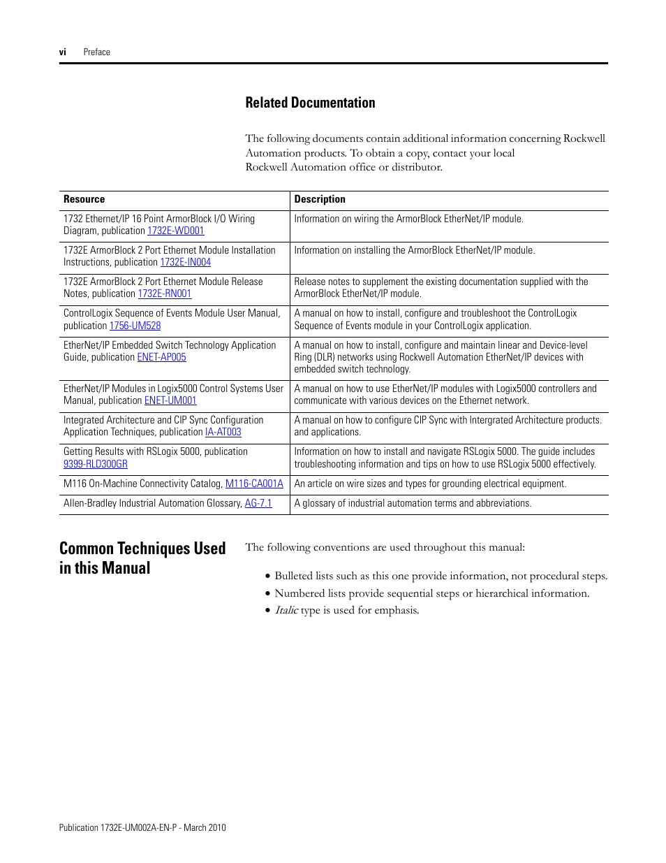 Common techniques used in this manual, Related documentation | Rockwell Automation 1732E-IB16M12SOEDR EtherNet/IP ArmorBlock supporting Sequence of Events User Manual | Page 8 / 132