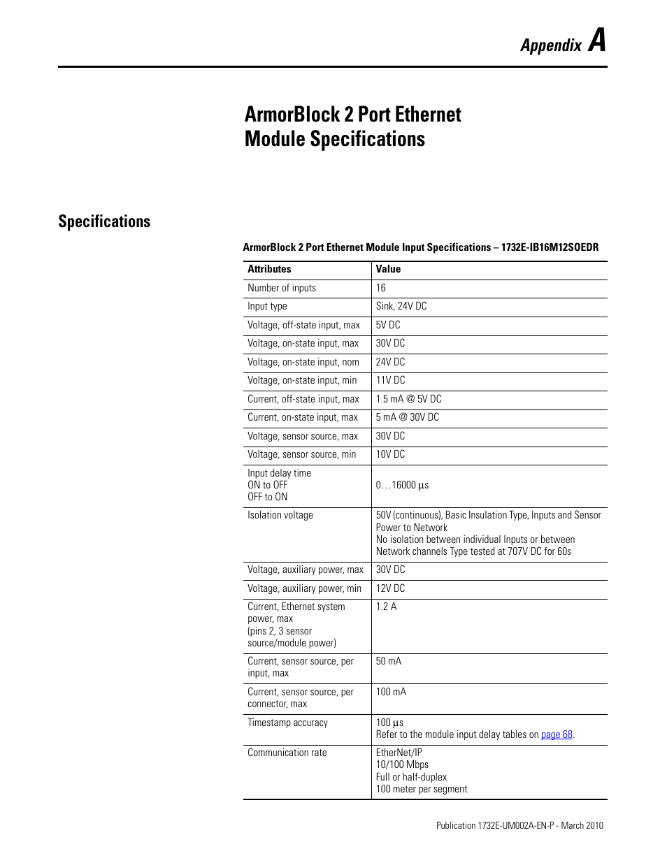 Specifications, Appendix a, Armorblock 2 port ethernet module specifications | Ix a on, Appendix | Rockwell Automation 1732E-IB16M12SOEDR EtherNet/IP ArmorBlock supporting Sequence of Events User Manual | Page 81 / 132