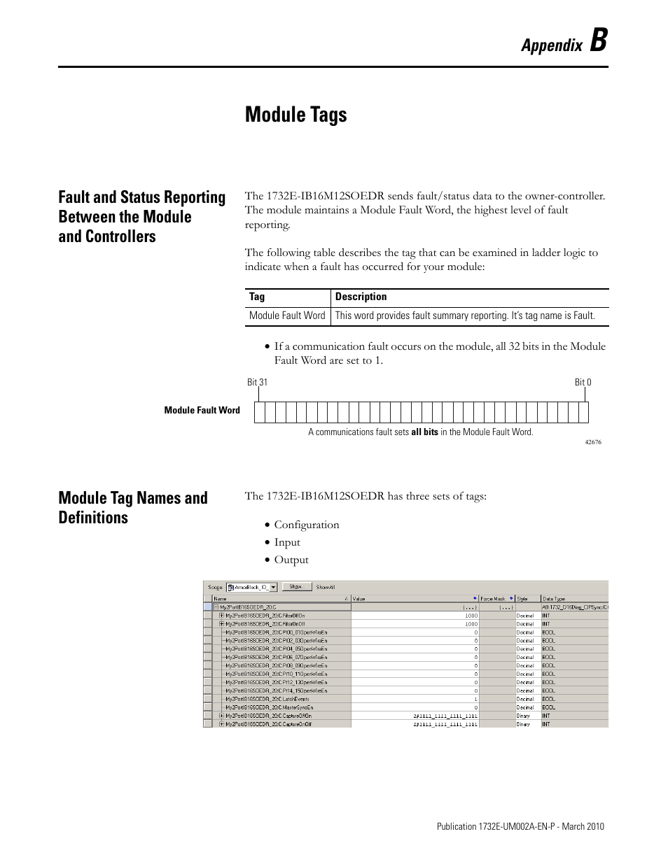 Appendix b - module tags, Module tag names and definitions, Appendix b | Module tags, R to, Appendix | Rockwell Automation 1732E-IB16M12SOEDR EtherNet/IP ArmorBlock supporting Sequence of Events User Manual | Page 85 / 132