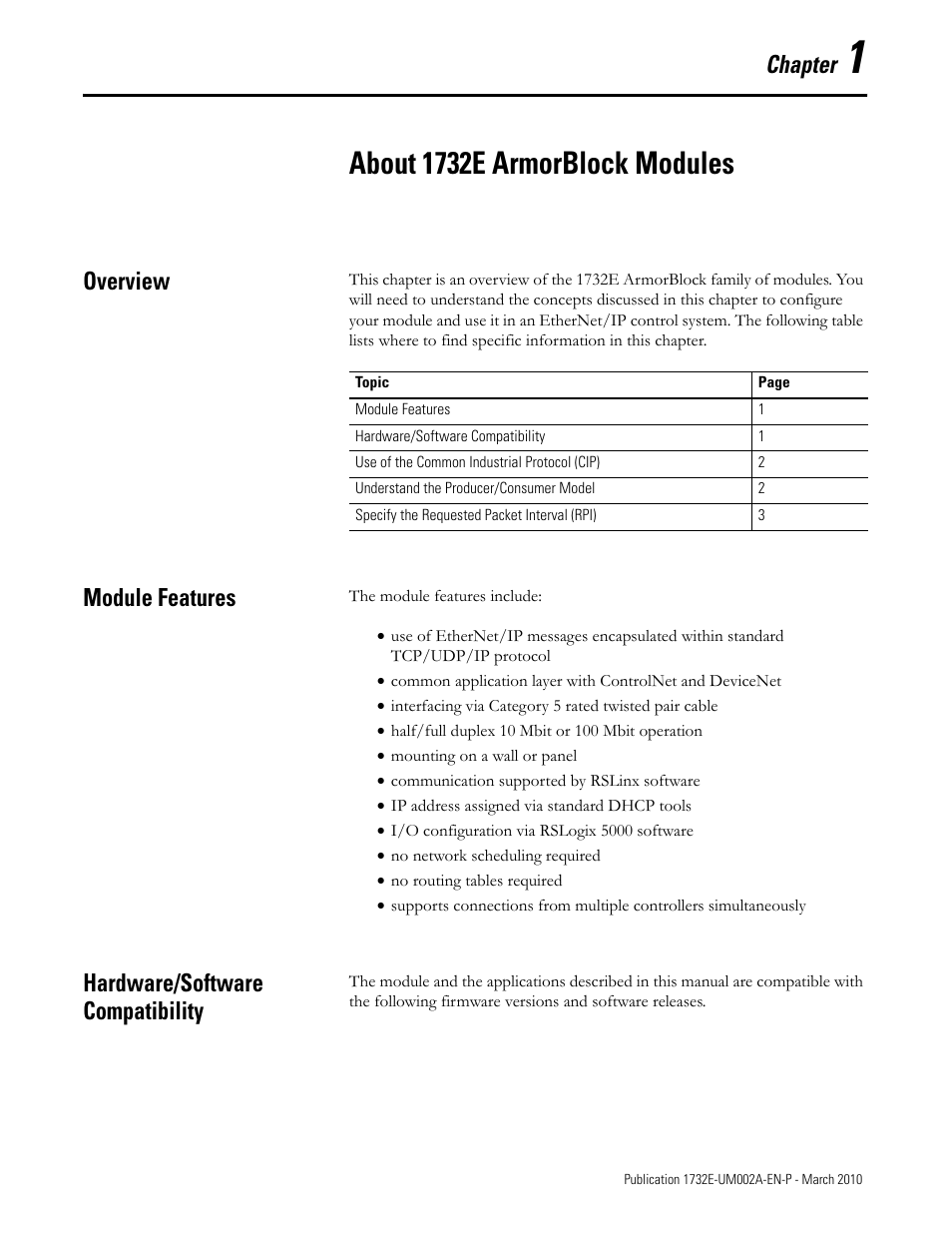 Chapter 1 - about 1732e armorblock modules, Overview, Module features | Hardware/software compatibility, About 1732e armorblock modules, Chapter | Rockwell Automation 1732E-IB16M12SOEDR EtherNet/IP ArmorBlock supporting Sequence of Events User Manual | Page 9 / 132