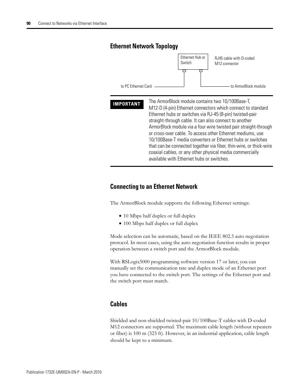 Ethernet network topology, Connecting to an ethernet network, Cables | Connecting to an ethernet network cables | Rockwell Automation 1732E-IB16M12SOEDR EtherNet/IP ArmorBlock supporting Sequence of Events User Manual | Page 98 / 132