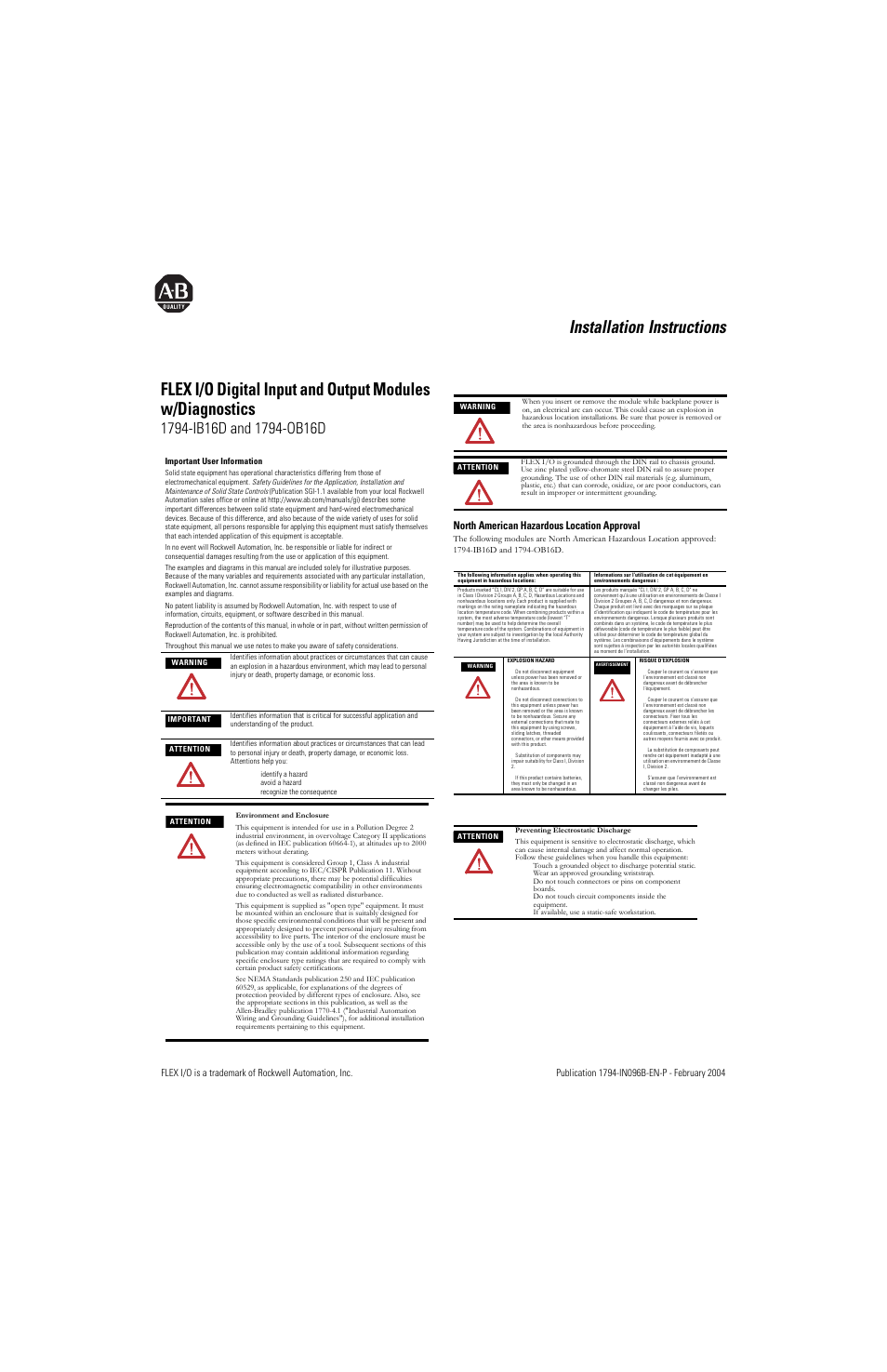 Rockwell Automation 1794-IB16D_OB16D Flex I/O 16 Input and 16 Output w/Diagnostics Module Installation Instructions User Manual | 6 pages