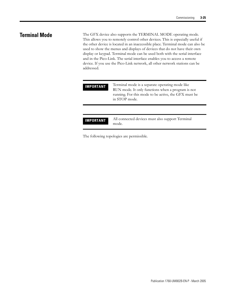 Terminal mode, Terminal mode -25 | Rockwell Automation 1760-xxxx Pico GFX-70 Controllers User Manual User Manual | Page 103 / 400