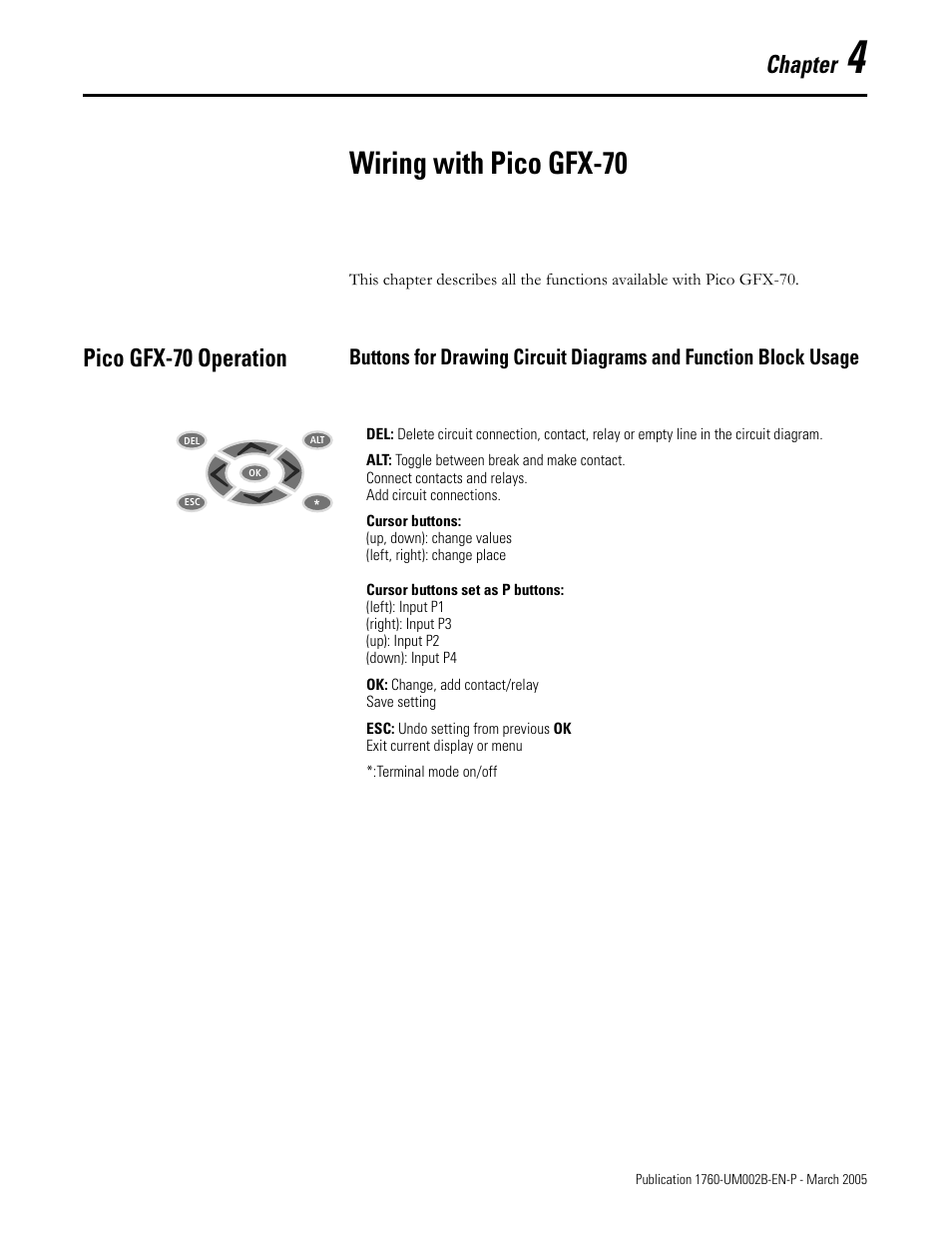 4 - wiring with pico gfx-70, Pico gfx-70 operation, Chapter 4 | Wiring with pico gfx-70, Pico gfx-70 operation -1, Chapter | Rockwell Automation 1760-xxxx Pico GFX-70 Controllers User Manual User Manual | Page 111 / 400