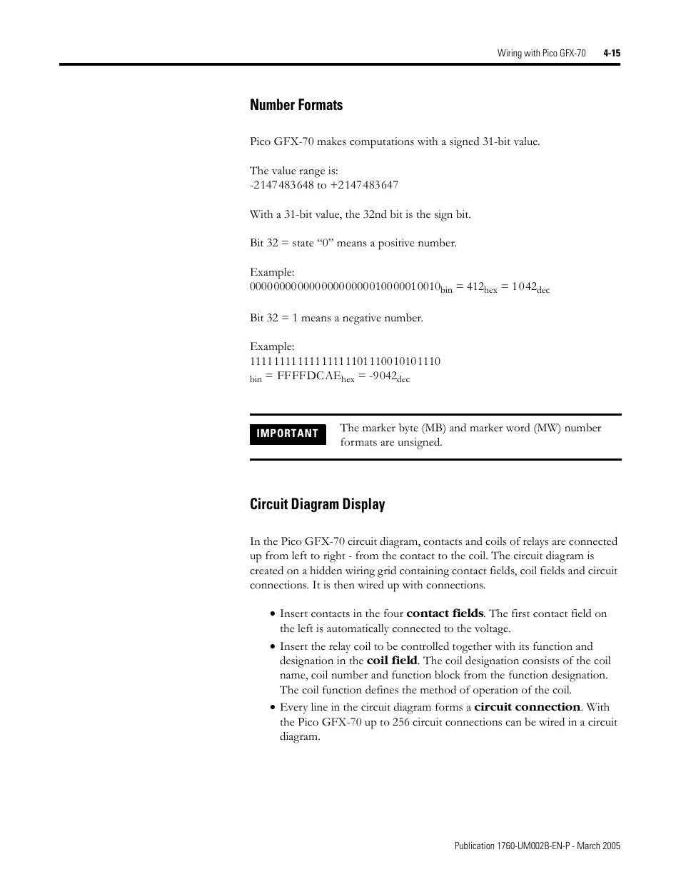 Number formats -15 circuit diagram display -15, Number formats, Circuit diagram display | Rockwell Automation 1760-xxxx Pico GFX-70 Controllers User Manual User Manual | Page 125 / 400