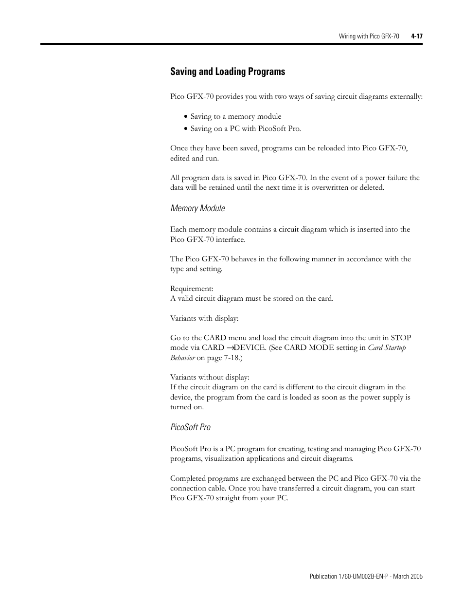 Saving and loading programs -17, Saving and loading programs | Rockwell Automation 1760-xxxx Pico GFX-70 Controllers User Manual User Manual | Page 127 / 400