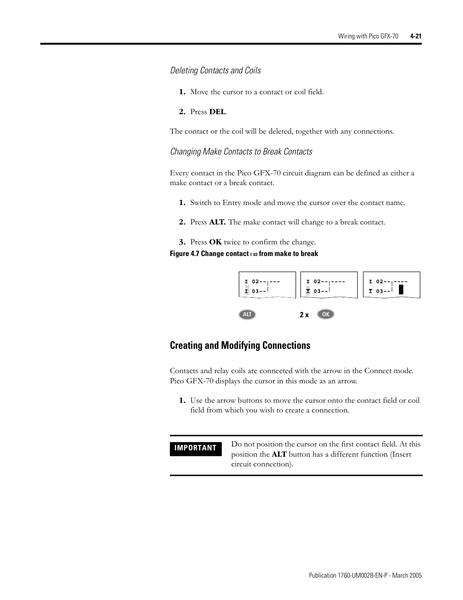 Creating and modifying connections -21, Creating and modifying connections, Deleting contacts and coils | Changing make contacts to break contacts | Rockwell Automation 1760-xxxx Pico GFX-70 Controllers User Manual User Manual | Page 131 / 400