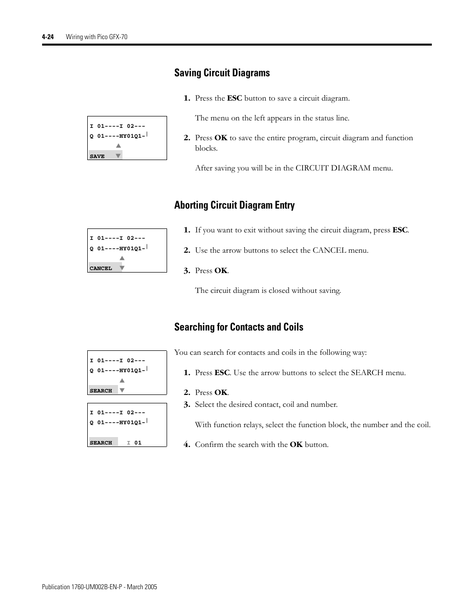Saving circuit diagrams, Aborting circuit diagram entry, Searching for contacts and coils | Rockwell Automation 1760-xxxx Pico GFX-70 Controllers User Manual User Manual | Page 134 / 400