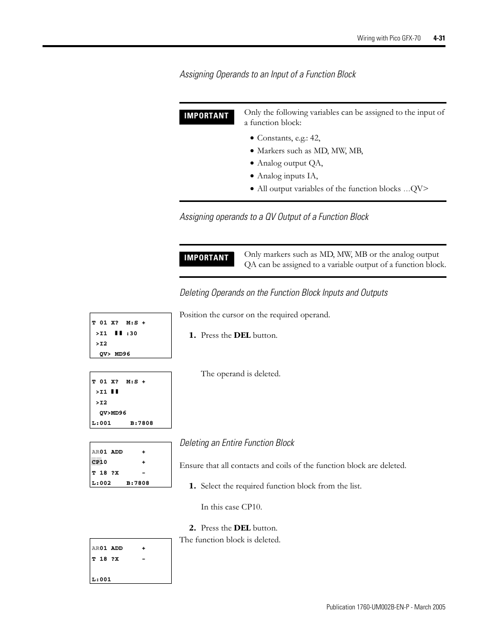 Deleting an entire function block | Rockwell Automation 1760-xxxx Pico GFX-70 Controllers User Manual User Manual | Page 141 / 400