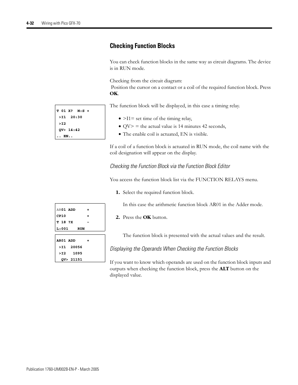 Checking function blocks -32, Checking function blocks | Rockwell Automation 1760-xxxx Pico GFX-70 Controllers User Manual User Manual | Page 142 / 400