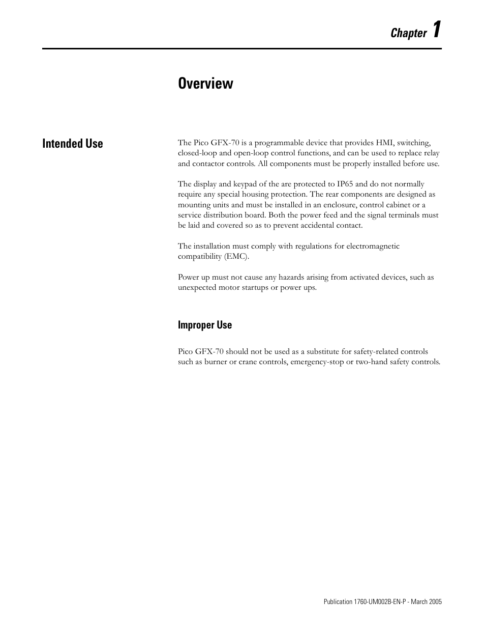1 - overview, Intended use, Chapter 1 | Overview, Intended use -1, Improper use -1 | Rockwell Automation 1760-xxxx Pico GFX-70 Controllers User Manual User Manual | Page 15 / 400