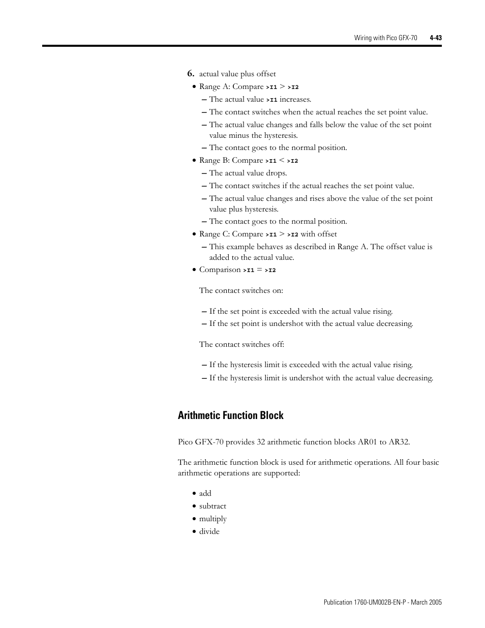 Arithmetic function block -43, Arithmetic function block | Rockwell Automation 1760-xxxx Pico GFX-70 Controllers User Manual User Manual | Page 153 / 400