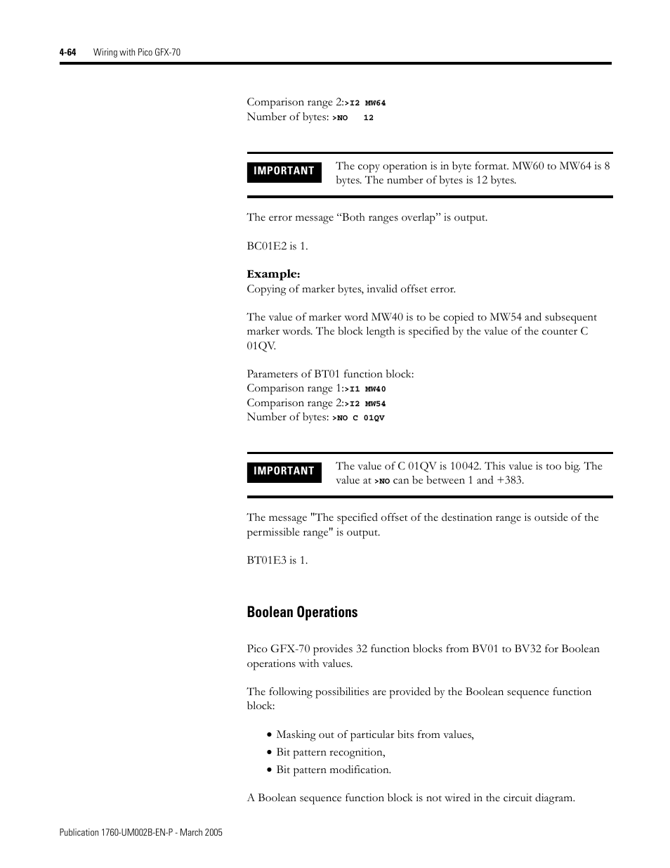 Boolean operations -64, Boolean operations | Rockwell Automation 1760-xxxx Pico GFX-70 Controllers User Manual User Manual | Page 174 / 400