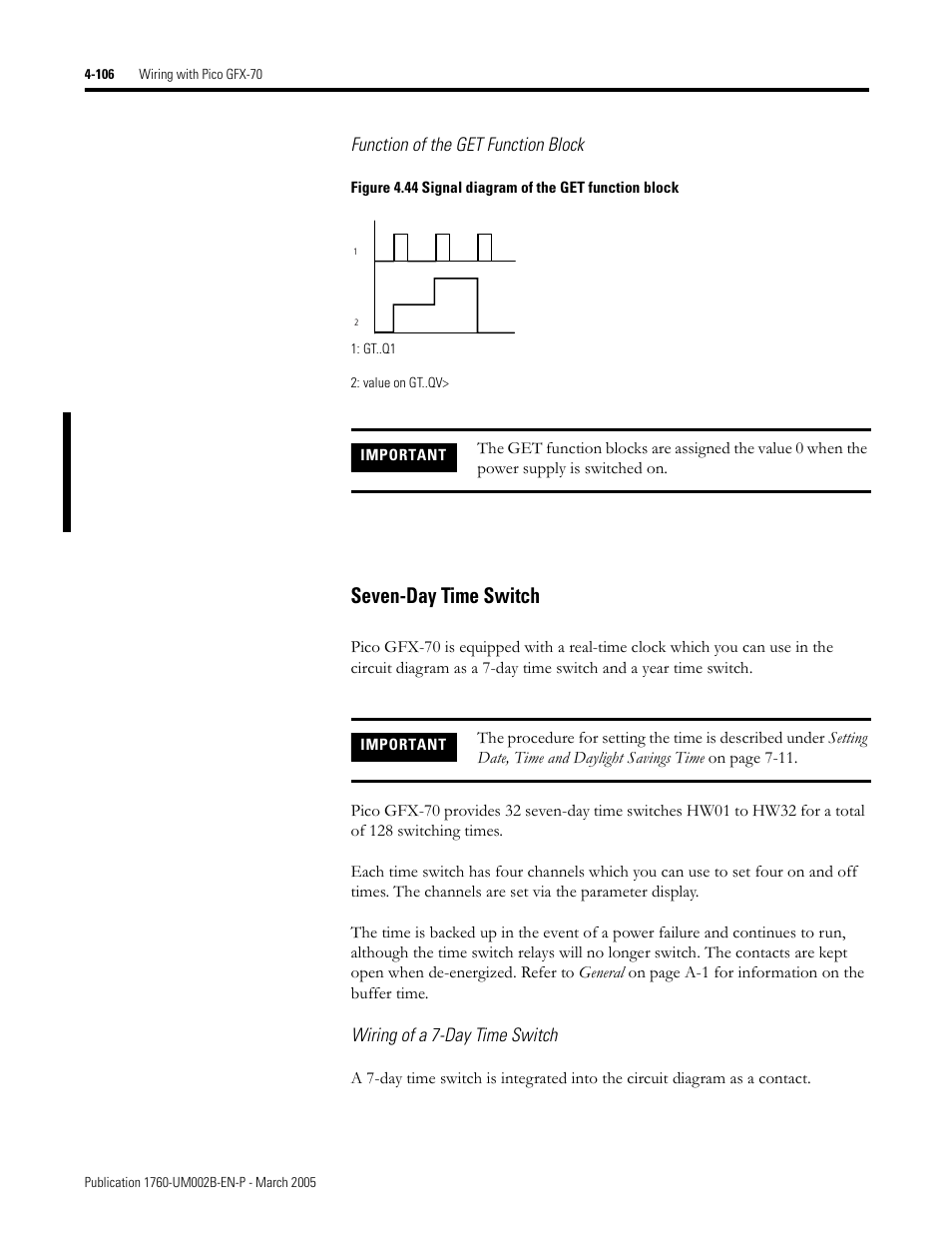 The function of the get function block, Seven-day time switch -106, Seven-day time switch | Rockwell Automation 1760-xxxx Pico GFX-70 Controllers User Manual User Manual | Page 216 / 400