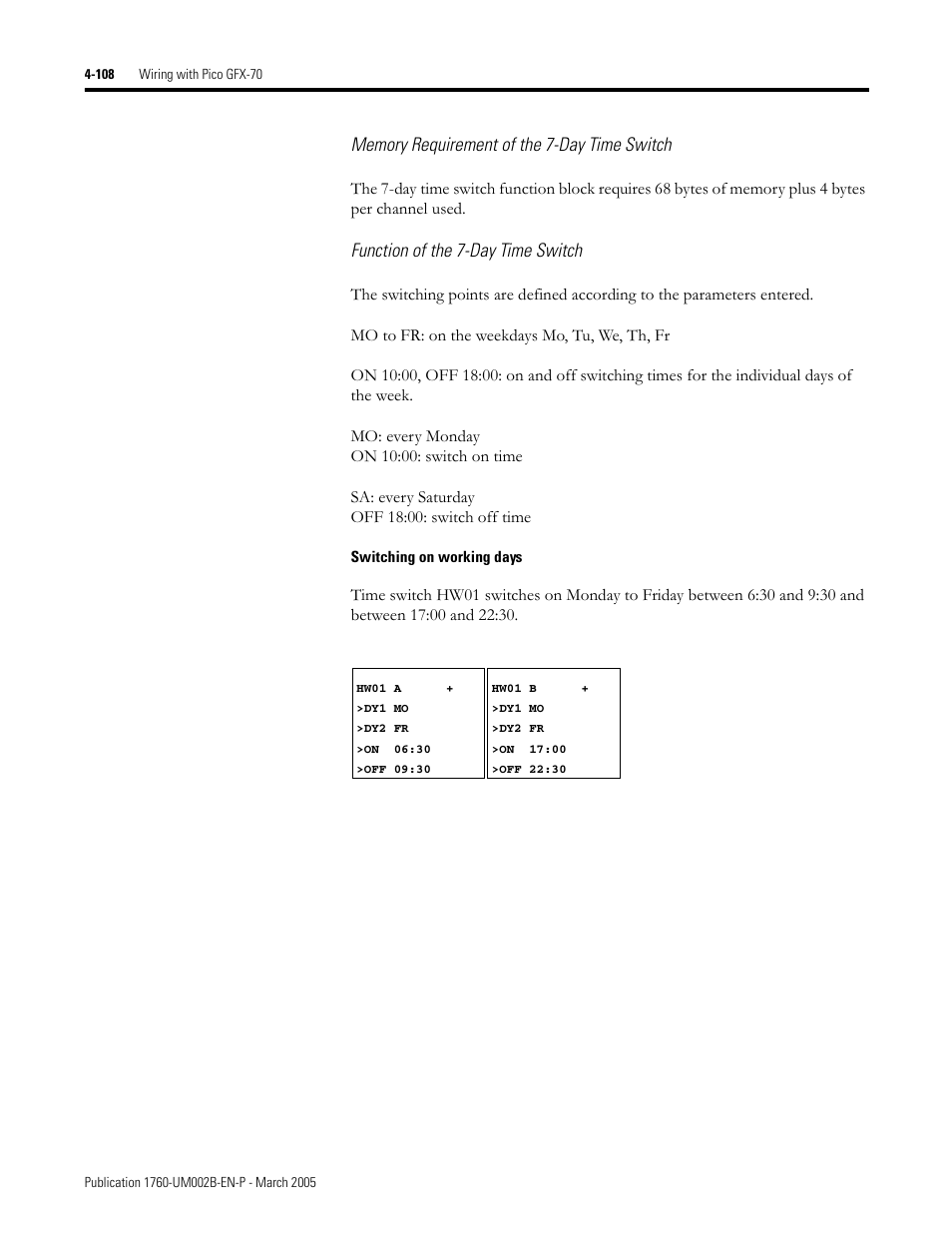 Function of the 7-day time switch | Rockwell Automation 1760-xxxx Pico GFX-70 Controllers User Manual User Manual | Page 218 / 400