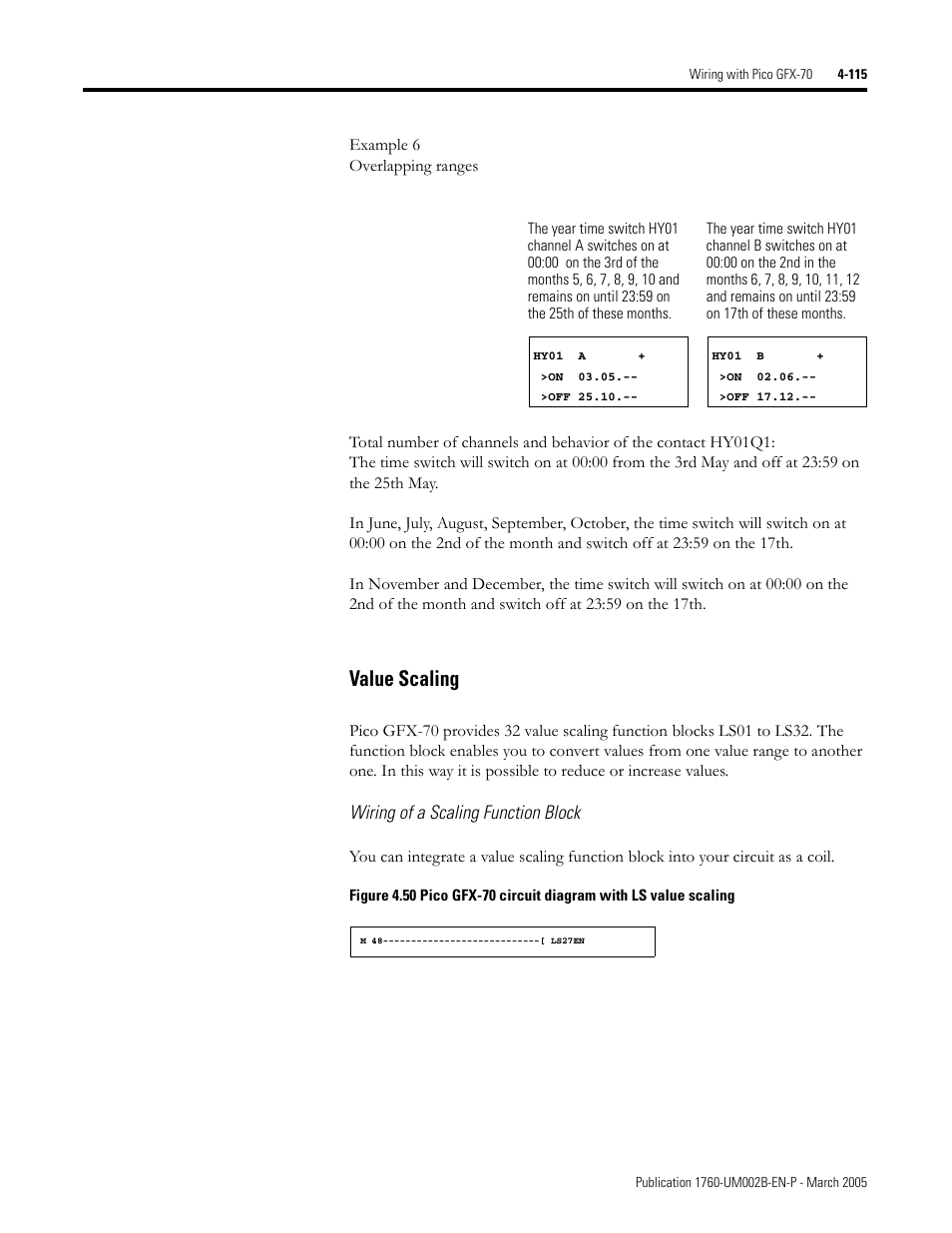 Value scaling -115, Value scaling, Wiring of a scaling function block | Rockwell Automation 1760-xxxx Pico GFX-70 Controllers User Manual User Manual | Page 225 / 400