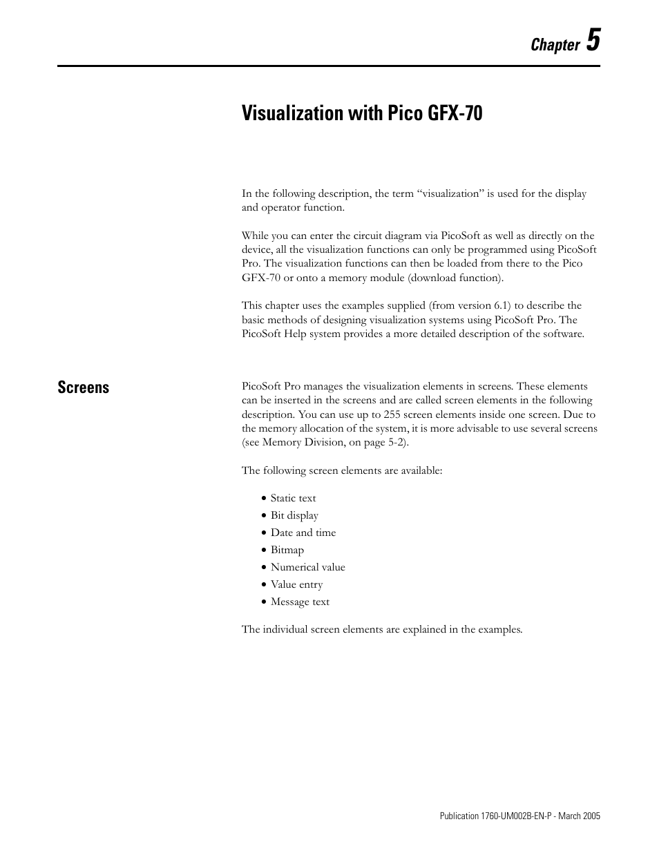 5 - visualization with pico gfx-70, Screens, Visualization with pico gfx-70 | Chapter 5, Screens -1 | Rockwell Automation 1760-xxxx Pico GFX-70 Controllers User Manual User Manual | Page 269 / 400