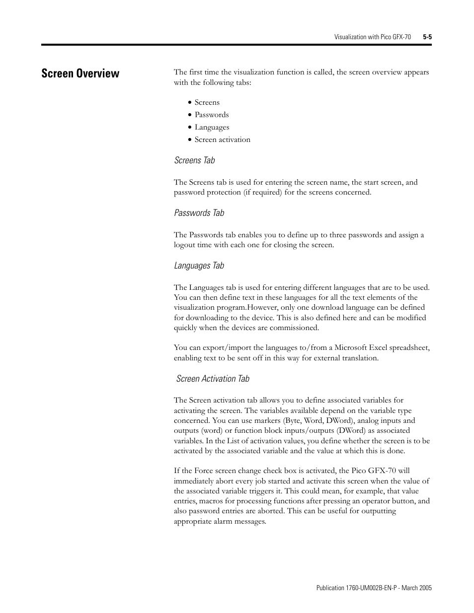 Screen overview, Screen overview -5 | Rockwell Automation 1760-xxxx Pico GFX-70 Controllers User Manual User Manual | Page 273 / 400