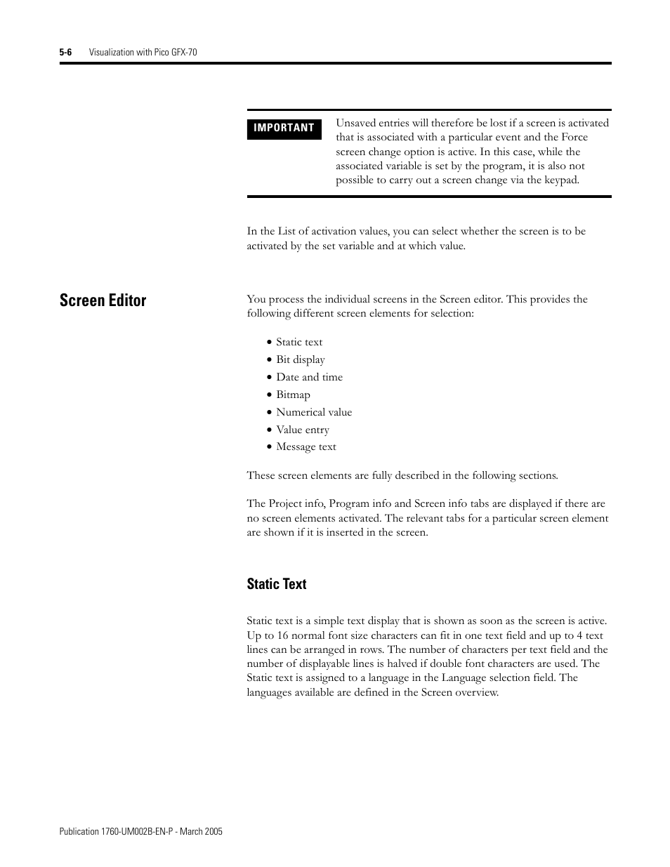 Screen editor, Screen editor -6, Static text -6 | Static text | Rockwell Automation 1760-xxxx Pico GFX-70 Controllers User Manual User Manual | Page 274 / 400