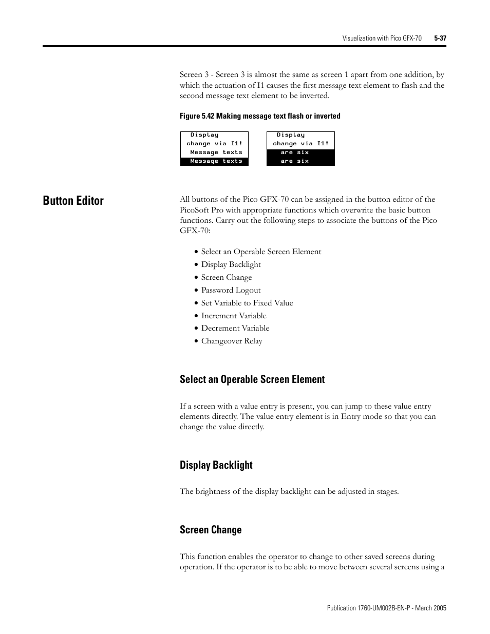 Button editor, Button editor -37, Select an operable screen element | Display backlight, Screen change | Rockwell Automation 1760-xxxx Pico GFX-70 Controllers User Manual User Manual | Page 305 / 400