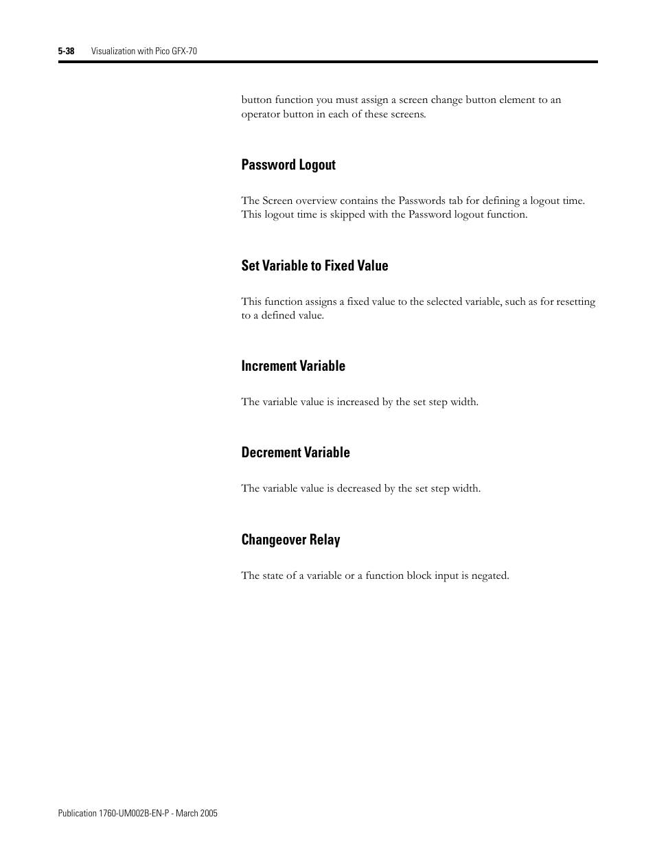 Password logout, Set variable to fixed value, Increment variable | Decrement variable, Changeover relay | Rockwell Automation 1760-xxxx Pico GFX-70 Controllers User Manual User Manual | Page 306 / 400