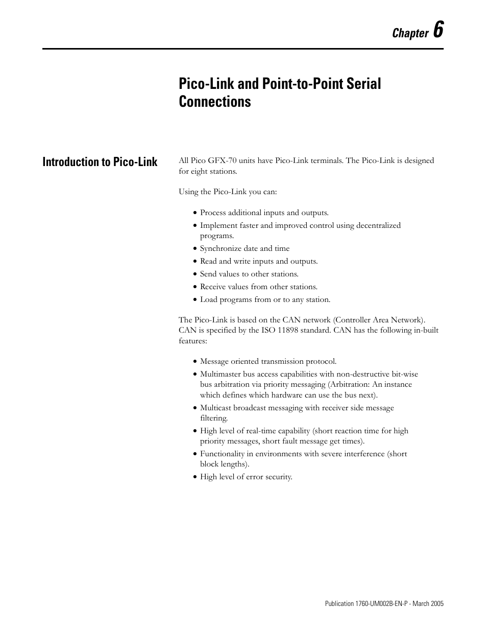 Introduction to pico-link, Chapter 6, Pico-link and point-to-point serial connections | Introduction to pico-link -1, Chapter | Rockwell Automation 1760-xxxx Pico GFX-70 Controllers User Manual User Manual | Page 307 / 400