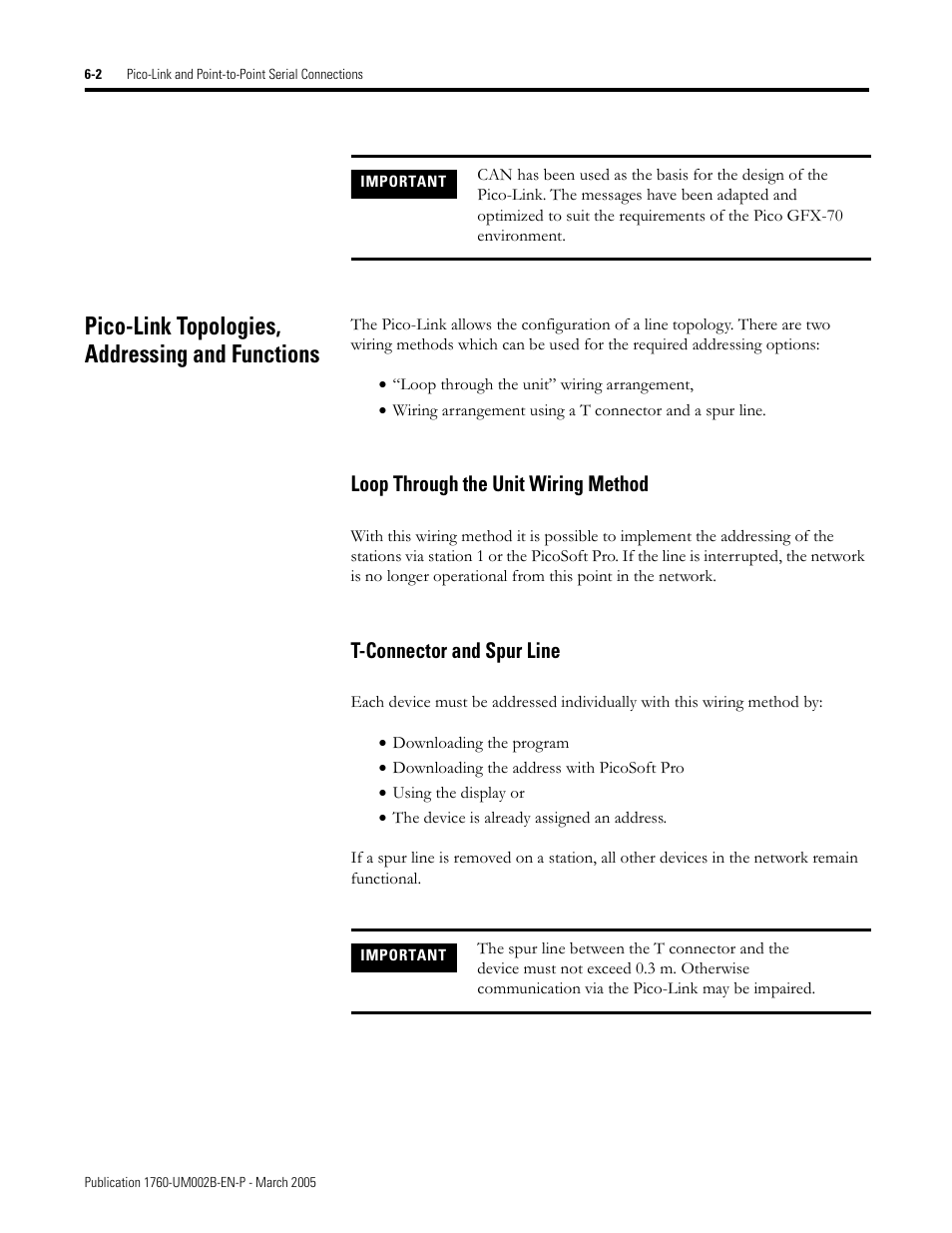 Pico-link topologies, addressing and functions, Pico-link topologies, addressing and functions -2, Loop through the unit wiring method | T-connector and spur line | Rockwell Automation 1760-xxxx Pico GFX-70 Controllers User Manual User Manual | Page 308 / 400
