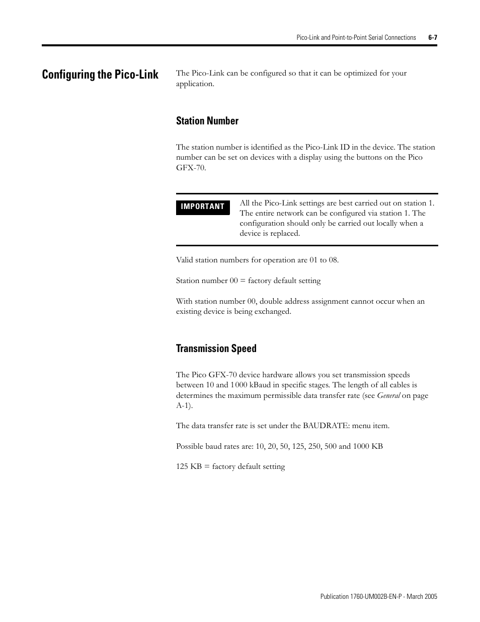 Configuring the pico-link, Configuring the pico-link -7, Station number -7 transmission speed -7 | Station number, Transmission speed | Rockwell Automation 1760-xxxx Pico GFX-70 Controllers User Manual User Manual | Page 313 / 400