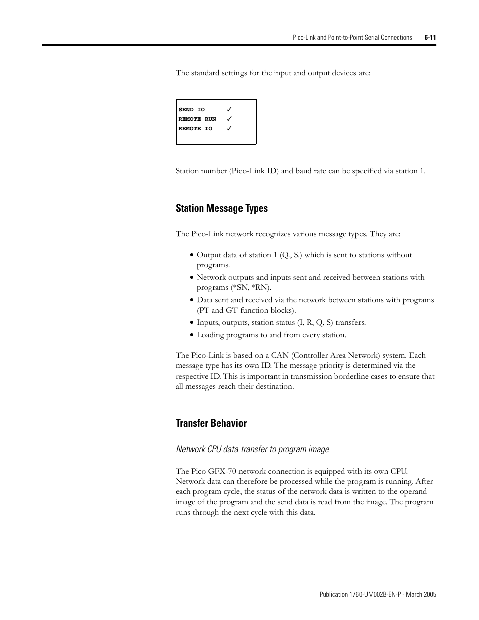 Station message types -11 transfer behavior -11, Station message types, Transfer behavior | Rockwell Automation 1760-xxxx Pico GFX-70 Controllers User Manual User Manual | Page 317 / 400