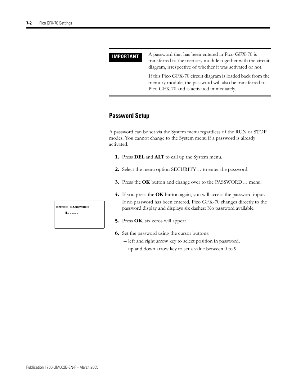 Password setup -2, Password setup | Rockwell Automation 1760-xxxx Pico GFX-70 Controllers User Manual User Manual | Page 330 / 400