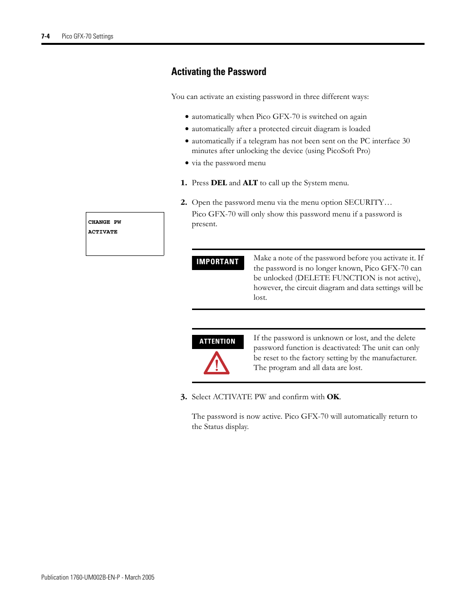 Activating the password -4, Activating the password | Rockwell Automation 1760-xxxx Pico GFX-70 Controllers User Manual User Manual | Page 332 / 400