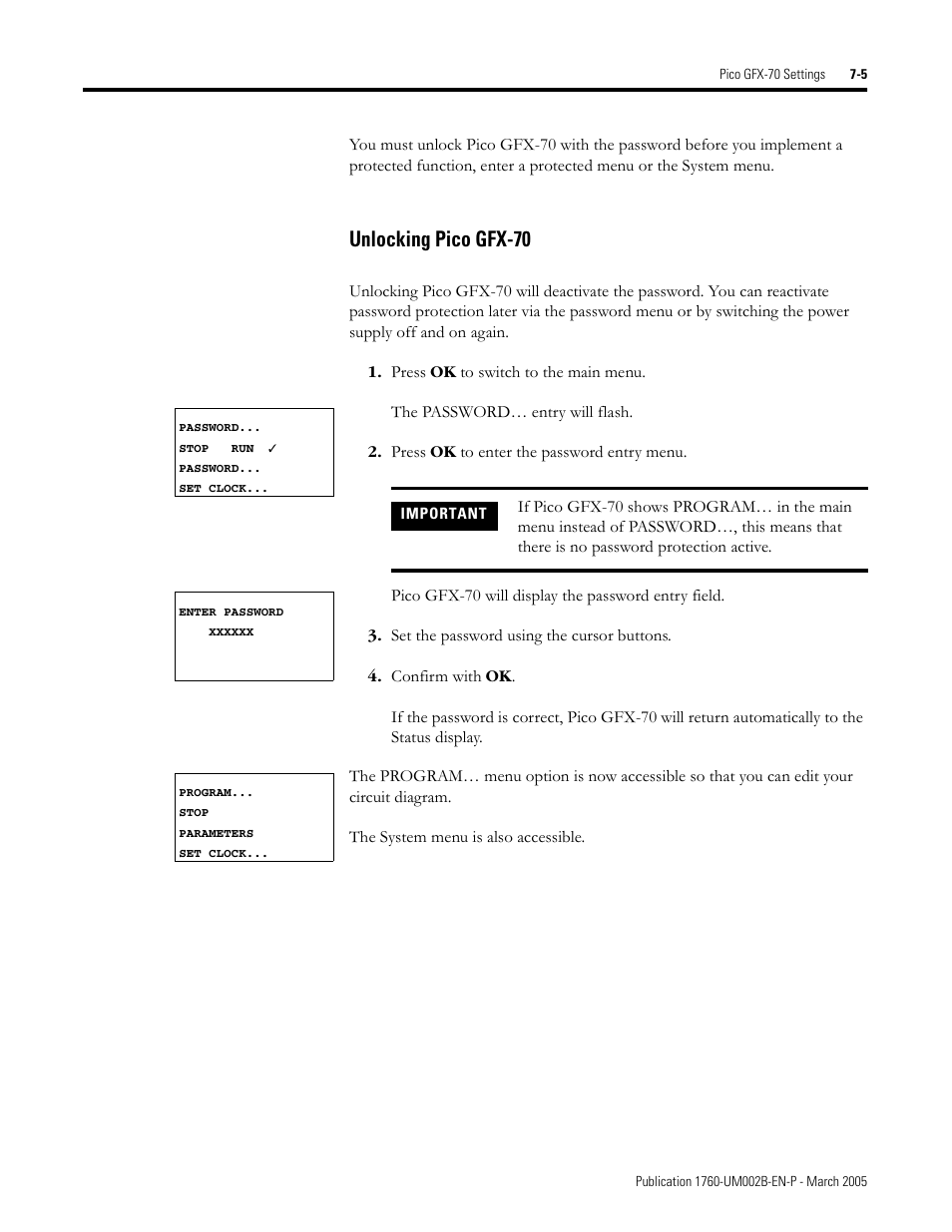 Unlocking pico gfx-70 -5, Unlocking pico gfx-70 | Rockwell Automation 1760-xxxx Pico GFX-70 Controllers User Manual User Manual | Page 333 / 400