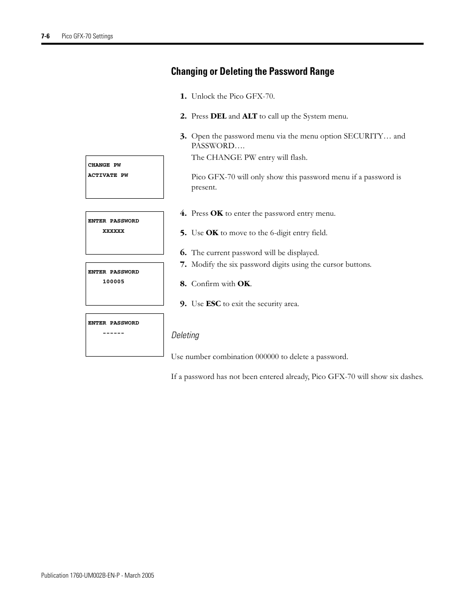 Changing or deleting the password range -6, Changing or deleting the password range | Rockwell Automation 1760-xxxx Pico GFX-70 Controllers User Manual User Manual | Page 334 / 400