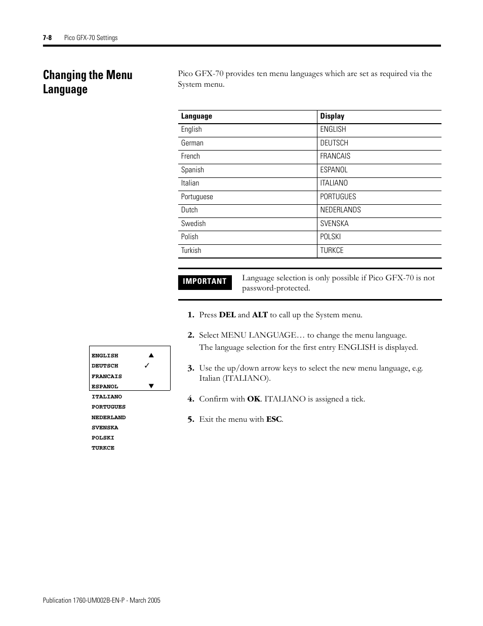 Changing the menu language, Changing the menu language -8 | Rockwell Automation 1760-xxxx Pico GFX-70 Controllers User Manual User Manual | Page 336 / 400
